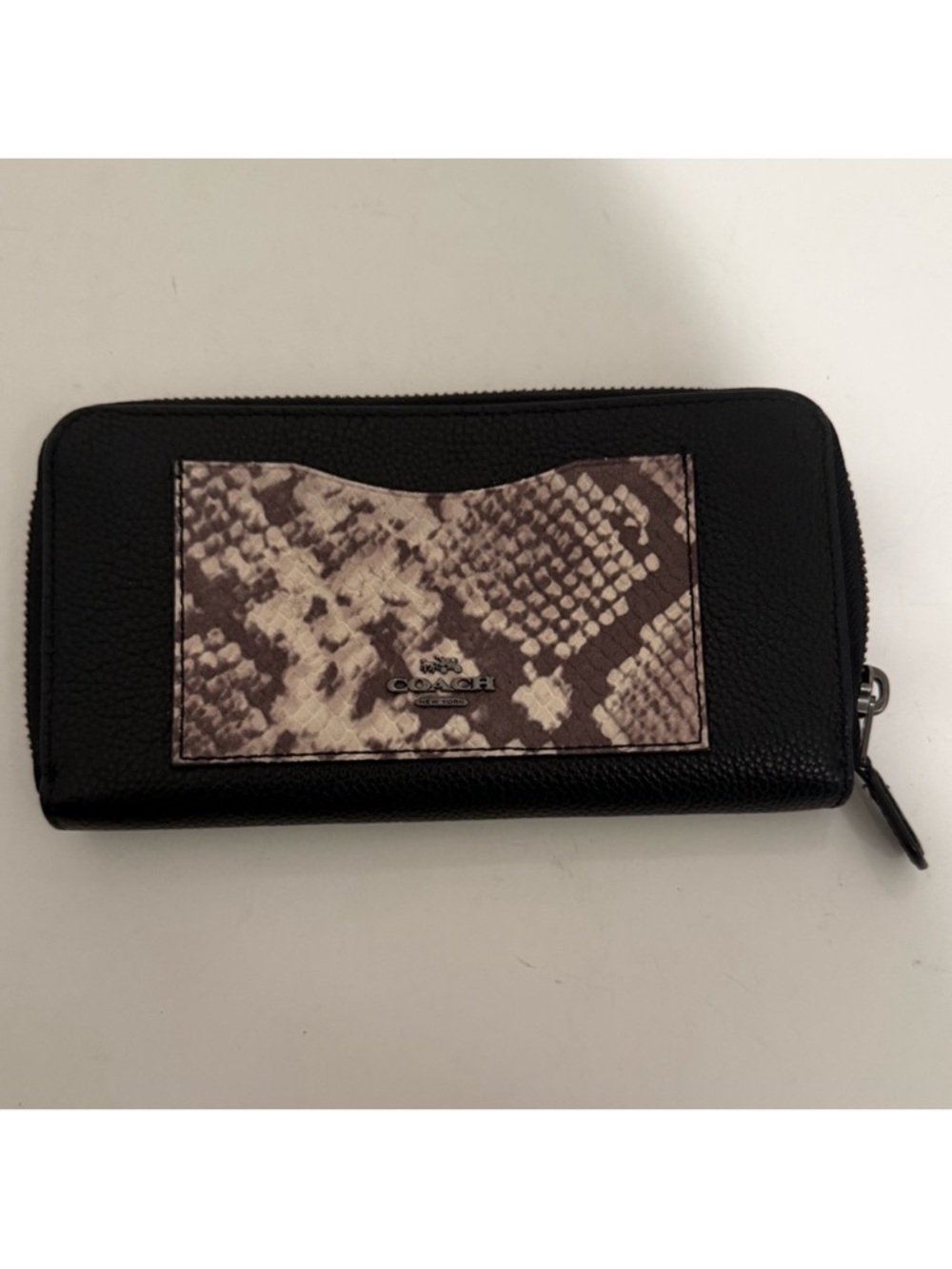 COACH Accordion Zip Black Pebble Leather Snake Embossed Wallet